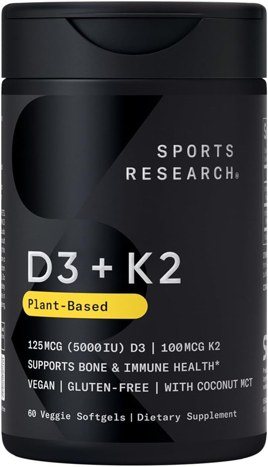 Sports Research Vitamin D3 K2 with Coconut Oil | Plant Based Vitamin K2 MK7 + Vegan D3 5000iu | Vegan Certified, Soy & Gluten Free - 60 Count Softgels