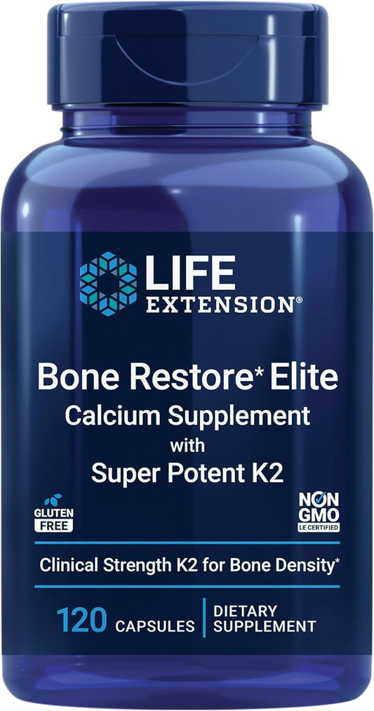 Life Extension Bone Restore Elite Calcium Supplement with Super Potent K2, Calcium, Vitamin D3, Magnesium, Boron, zinc, Vitamin K2, for Bone Health, Gluten-Free, Non-GMO, 120 Capsules