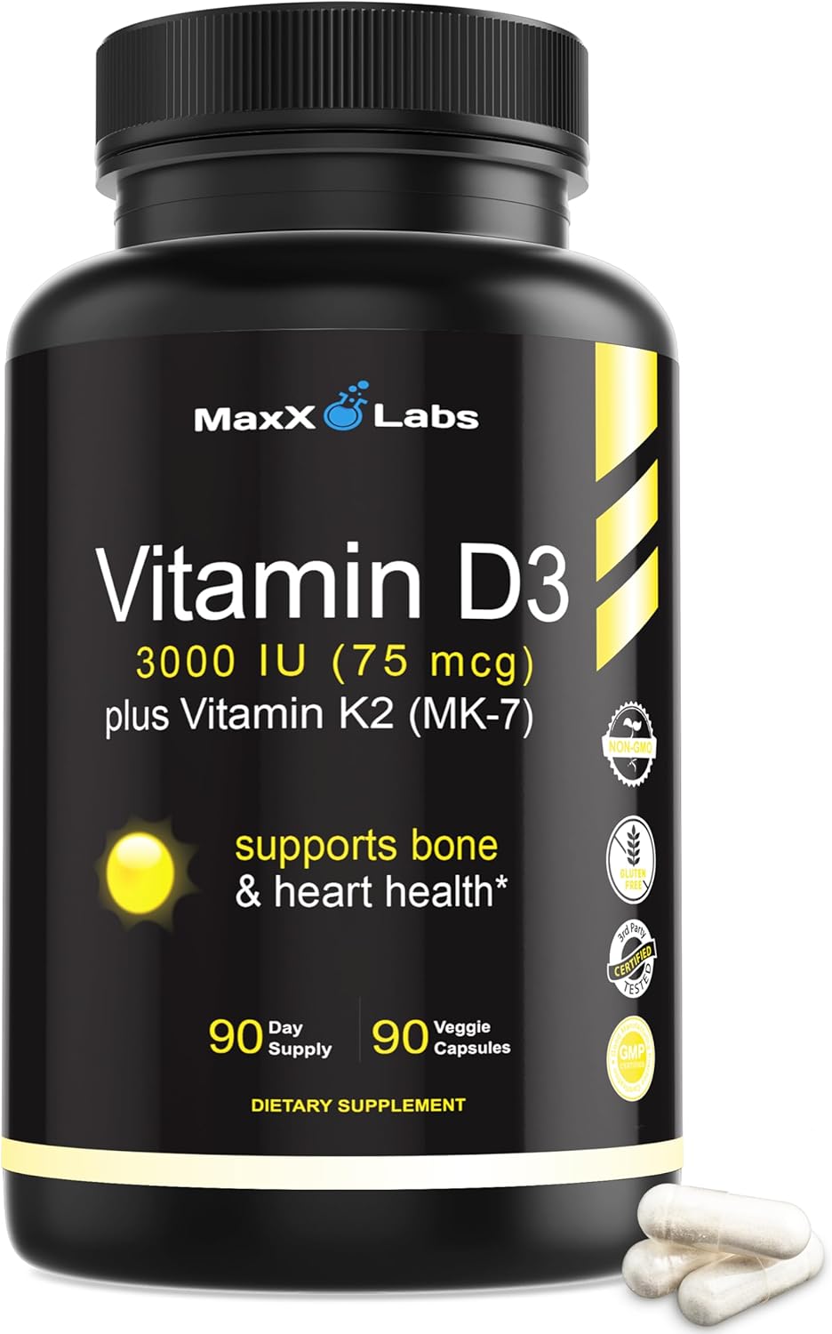 Vitamin D3 K2 3000 IU - with Vitamin K as MK-7 from Natto - High Potency Vitamin D Supplement Support Healthy Bones, Teeth, Heart & Immune Function - Vitamin D3 K2 Supplement Gluten-Free - 90 Capsules