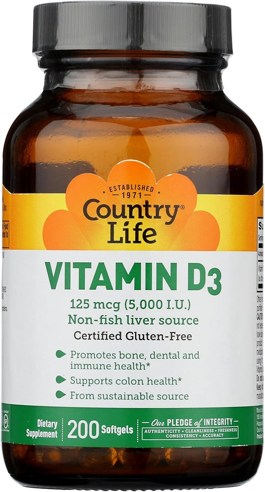 Country Life Vitamin D3 5000 IU for Immune and Bone Health, Calcium Absorption, and Colon Health - Sustainable Source from Lanolin, Available in Various Strengths