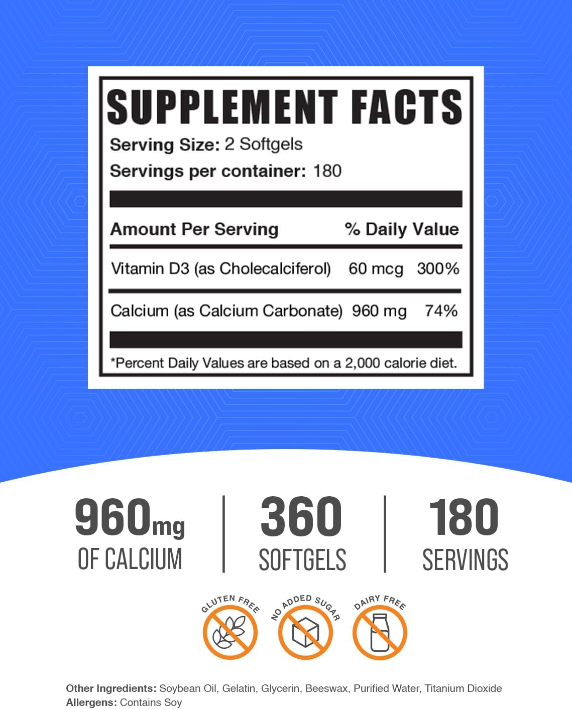 BulkSupplements.com Calcium Carbonate & Vitamin D3 Softgels - Calcium and Vitamin D3, Calcium & D3 Supplement for Immune Support - Gluten Free, 2 Softgels per Serving, 360 Count