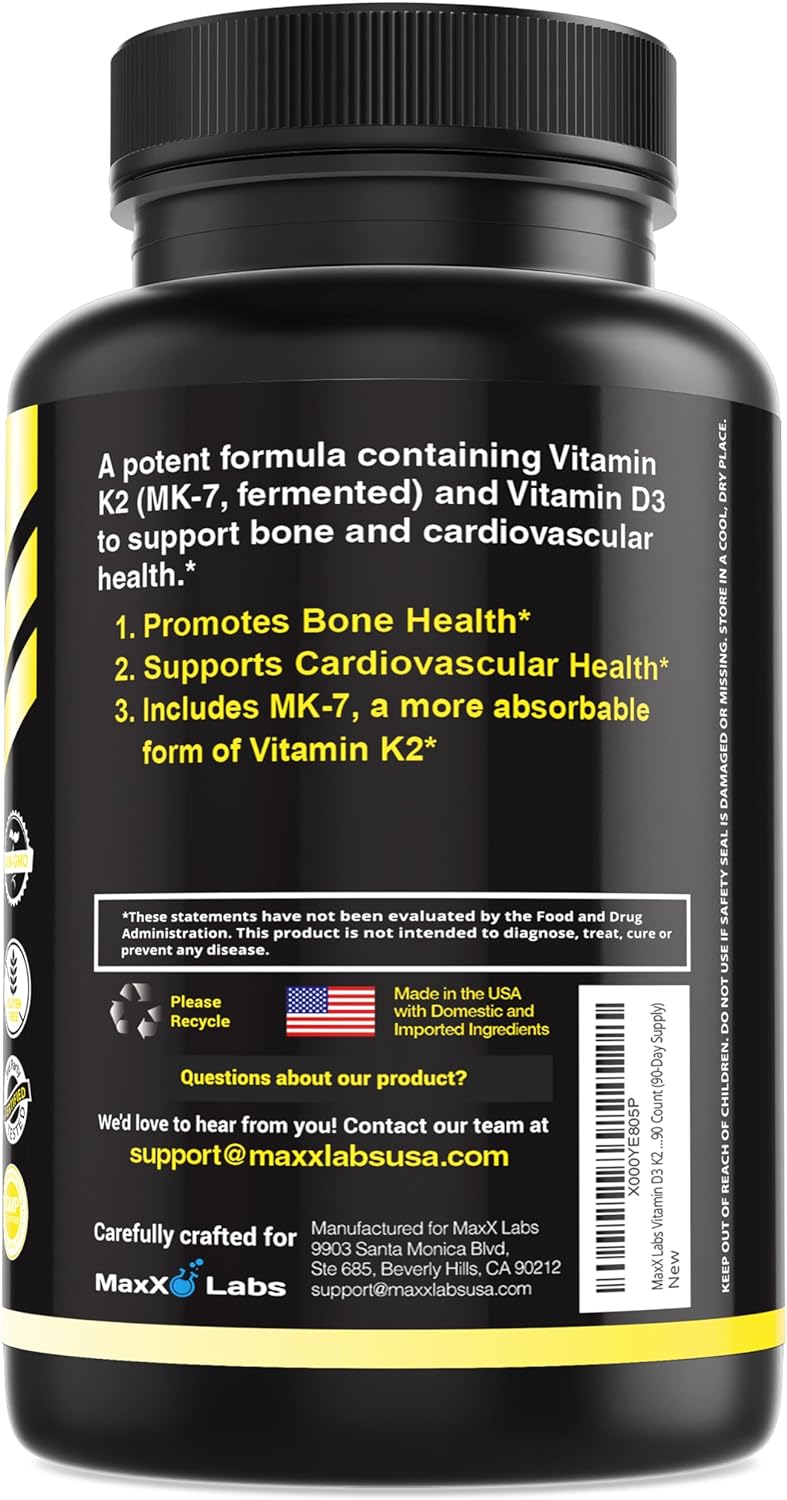 Vitamin D3 K2 3000 IU - with Vitamin K as MK-7 from Natto - High Potency Vitamin D Supplement Support Healthy Bones, Teeth, Heart & Immune Function - Vitamin D3 K2 Supplement Gluten-Free - 90 Capsules